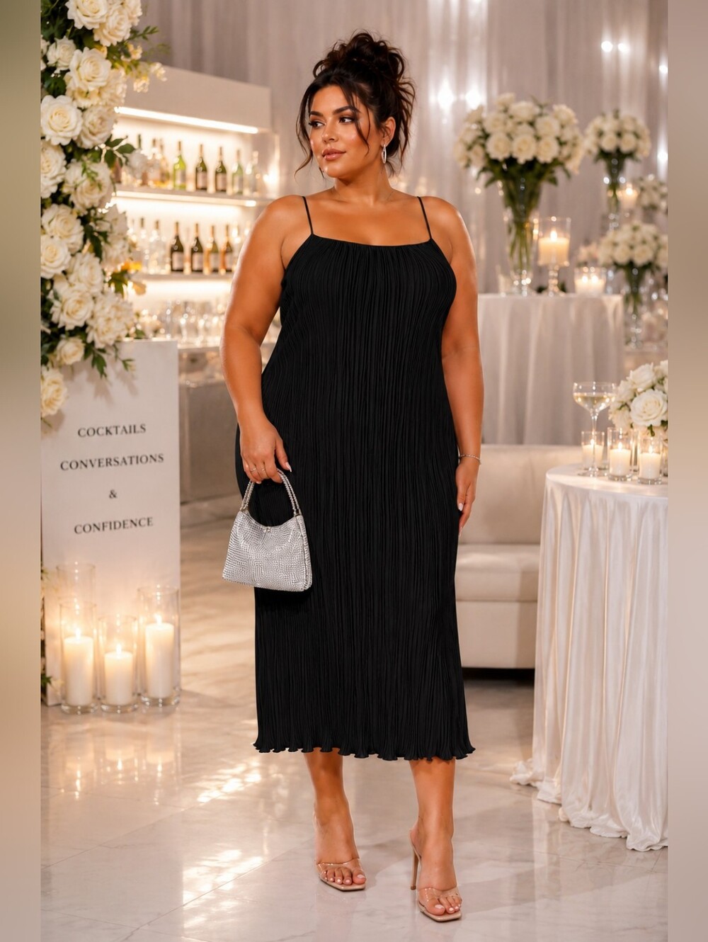Good American Black Plisse Midi Dress 2XL 3XL Quiet Luxury Cocktail Party Glam